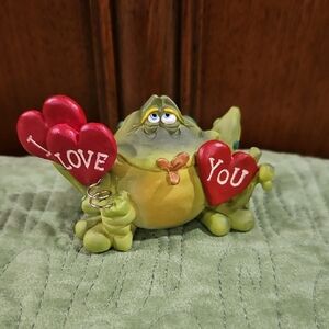 Frog Figurine with Red Heart Balloons Hand Painted 2" Tall X 3.5" Wide